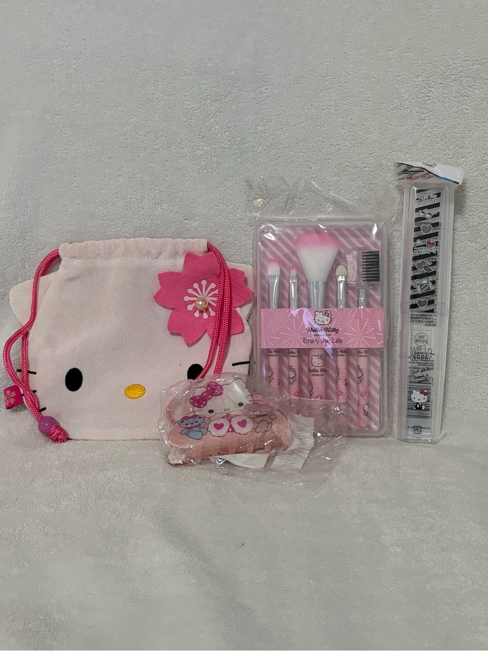 Hello Kitty Bundle #7- Makeup Brush Set, Pouch, Hair Clip, Toothbrush Holder